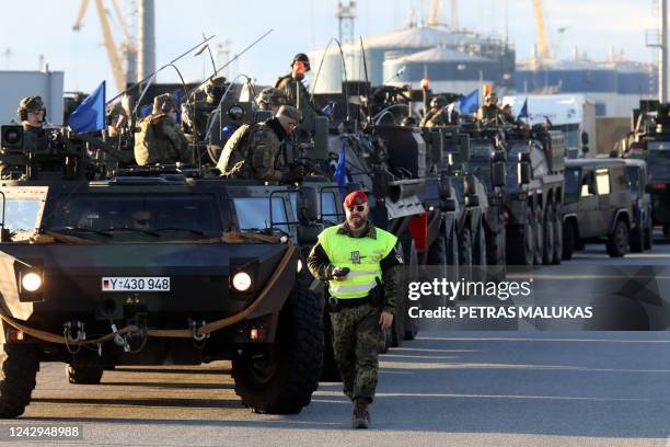 Members of the German Bundeswehr 41st Mechanized Infantry Brigade Forward Command Element, 1st Panzer Division are pictured upon arrival in the port...