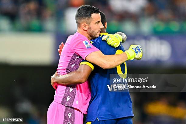 Lorenzo Montipò and Isak Hien of Hellas Verona celebrate after the Serie A match between Hellas Verona and UC Sampdoria at Stadio Marcantonio...