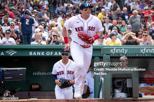 Triston Casas of the Boston Red Sox takes the field ahead of his Major League debut in a game against the Texas Rangers on September 4, 2022 at...