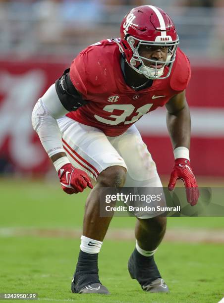 Will Anderson Jr. #31 of the Alabama Crimson Tide stares in to the Utah State Aggies backfield at Bryant Denny Stadium on September 3, 2022 in...