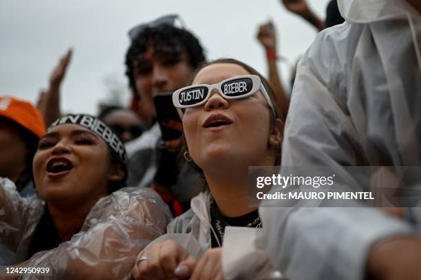 Justin Bieber fan reacts to the concert of the Brazilian rock band Jota Quest on the Main stage of the Rock in Rio music festival at the Olympic Park...