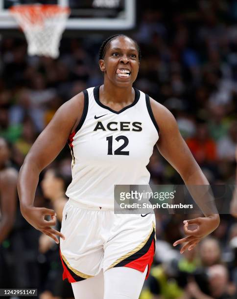Chelsea Gray of the Las Vegas Aces reacts after her three-point basket against the Seattle Storm during the second quarter of Game Three of the 2022...