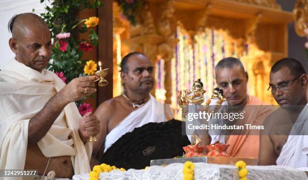 Devotees offer prayers to Krishna-Radha at ISKCON temple on the occasion of 'Radhashtami Pooja', on September 4, 2022 in Patna, India.