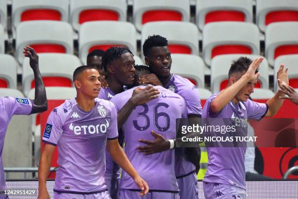 Monaco's players celebrate after scoring a goal during the French L1 football match between OGC Nice and AS Monaco at the Allianz Riviera Stadium in...