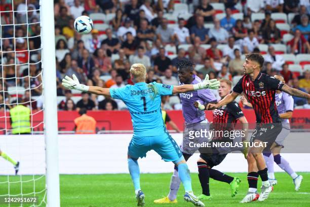 Monaco's Swiss forward Breel Embolo scores a goal during the French L1 football match between OGC Nice and AS Monaco at the Allianz Riviera Stadium...