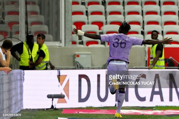 Monaco's Swiss forward Breel Embolo celebrates after scoring a goal during the French L1 football match between OGC Nice and AS Monaco at the Allianz...