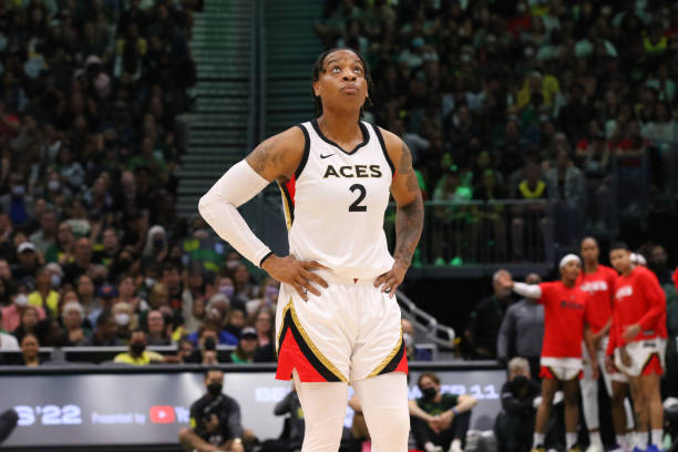 Riquna Williams of the Las Vegas Aces looks on during the game against the Seattle Storm during Round 2 Game 3 of the 2022 WNBA Playoffs on September...