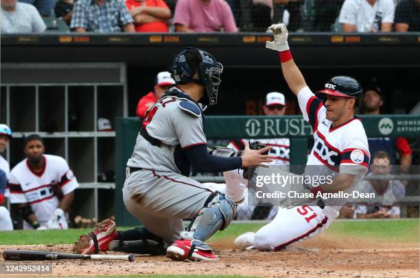 Adam Haseley of the Chicago White Sox is tagged out at home plate by Gary Sanchez of the Minnesota Twins in the seventh inning at Guaranteed Rate...