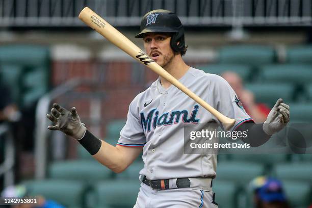 Brian Anderson of the Miami Marlins flips his bat after a strikeout against the Atlanta Braves in the seventh inning at Truist Park on September 4,...