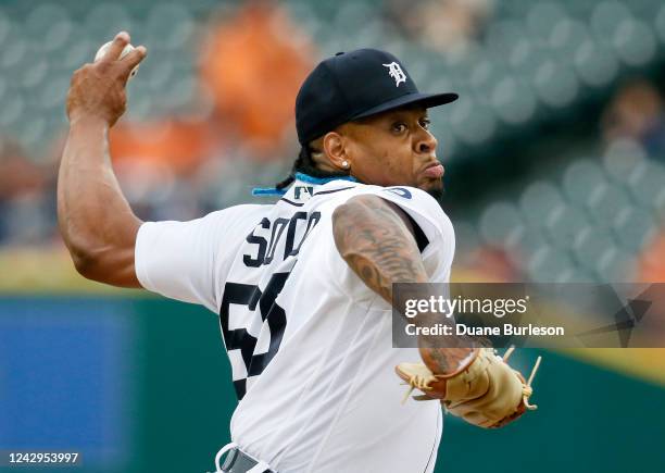 Gregory Soto of the Detroit Tigers pitches against the Kansas City Royals during the eighth inning at Comerica Park on September 4 in Detroit,...