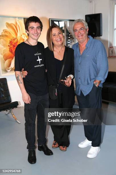 Jenny Jürgens and her husband David Carreras Sole and his son Mateu Carreras during her vernissage for the Miradas exhibition on September4, 2022 at...
