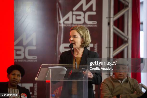 Gleisi Hoffmann, president of the Workers' Party during an event with former president Lula da Silva, presidential candidate and domestic workers, at...