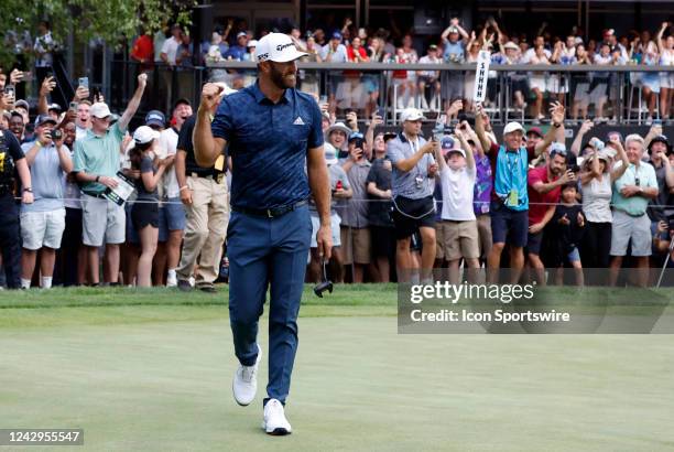 Dustin Johnson, captain of the 4 Aces GC, pumps his fist after making eagle on the first ever playoff hole to win the LIV Golf Invitational Series...