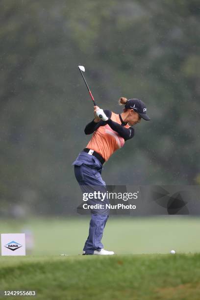 Azahara Munoz of Spain tees off on the second tee during the final round of the Dana Open presented by Marathon at Highland Meadows Golf Club in...