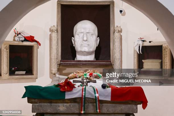 Picture taken on August 26, 2022 in the cemetery of Predappio shows the tomb of Italian politician, military and founder of Fascism Benito Mussolini....