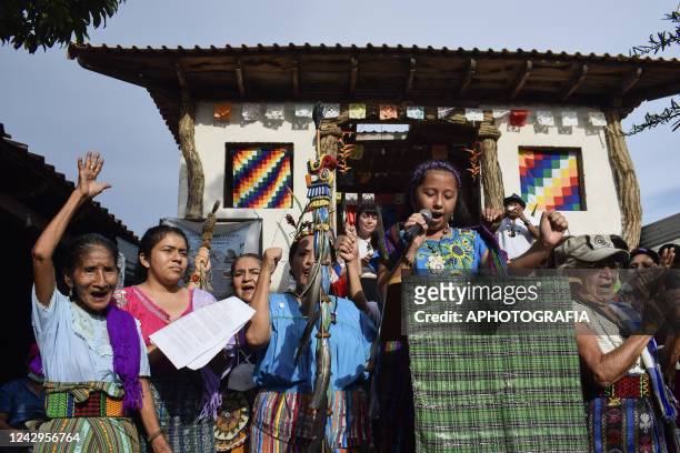 Tatiana Melisa Pila crowned as the "Princesa Shilone" speaks during a ceremony on International Indigenous Women's Day on September 4, 2022 in...