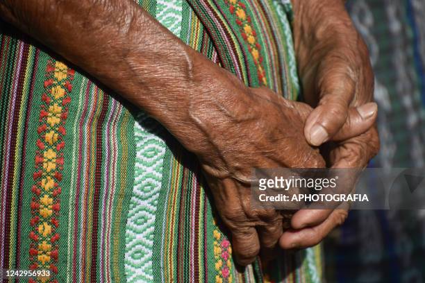 Detail of an indigenous women's clothing during a ceremony on International Indigenous Women's Day on September 4, 2022 in Sonsonate, El Salvador....