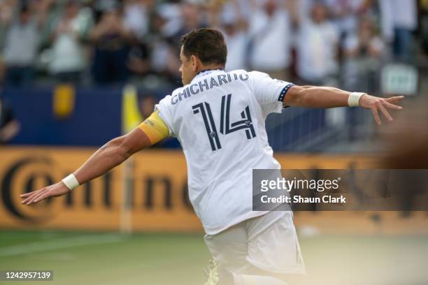 Javier Hernández of Los Angeles Galaxy celebrates a goal during the match against Sporting Kansas City at the Dignity Health Sports Park on September...