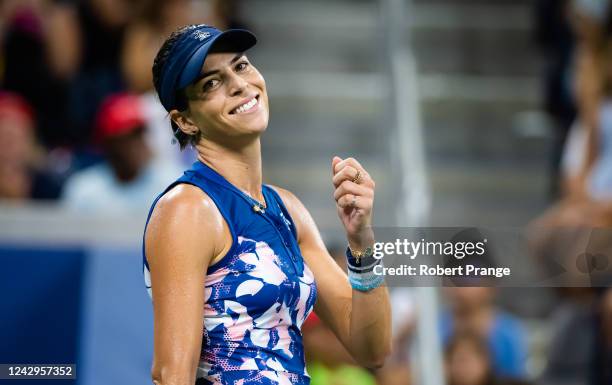 Ajla Tomljanovic of Australia reacts to converting match point against Liudmila Samsonova of Russia in her fourth round match on Day 7 of the US Open...