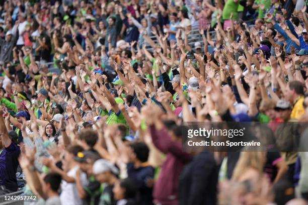 Fans react before the game during an MLS game between the Houston Dynamo and Seattle Sounders on September 4, 2022 at Lumen Field in Seattle, WA.