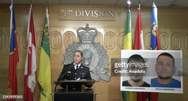 The Assistant Commissioner of the Royal Canadian Mounted Police in Saskatchewan, Rhonda Blackmore makes a speech as she holds a press conference on a...