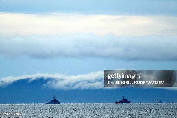 Russian coastal minesweepers take part in the 'Vostok-2022' military exercises at the Peter the Great Gulf of the Sea of Japan outside the city of...