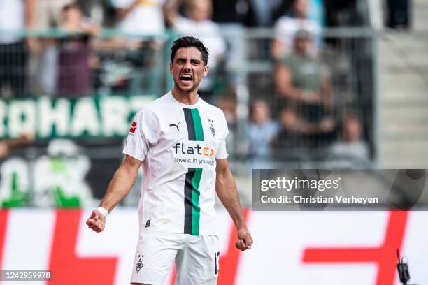 Lars Stindl of Borussia Moenchengladbach celebrate after a not given goal during the Bundesliga match between Borussia Moenchengladbach and 1.FSV...