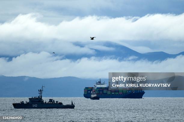 Container ship is pictured in the Peter the Great Gulf of the Sea of Japan outside the city of Vladivostok on September 5, 2022.
