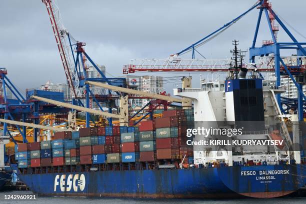 View of the container terminal of the far-eastern Russian port of Vladivostok on September 5, 2022.