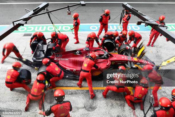 Charles Leclerc of Ferrari pit stop during the Formula 1 Grand Prix of The Netherlands at Zandvoort circuit in Zandvoort, Netherlands on September 4,...