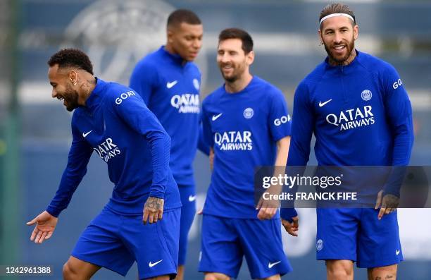 Paris Saint-Germain's Brazilian forward Neymar, Paris Saint-Germain's French forward Kylian Mbappe, Paris Saint-Germain's Argentinian forward Lionel...