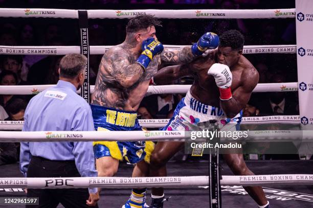 Andy Ruiz and Luis Ortiz exchange punches during their fight for the Heavyweight Showdown on Sunday night at the Crypto.com Arena in Los Angeles,...