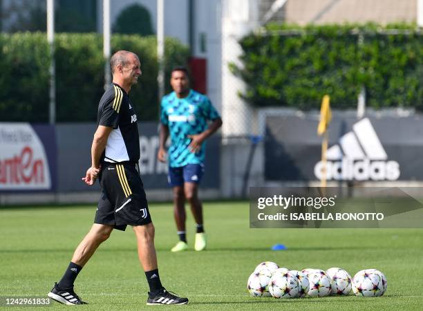 Juventus' Italian coach Massimiliano Allegri takes part in a training session at JTC Continassa in Turin, on September 5 on the eve of the UEFA...