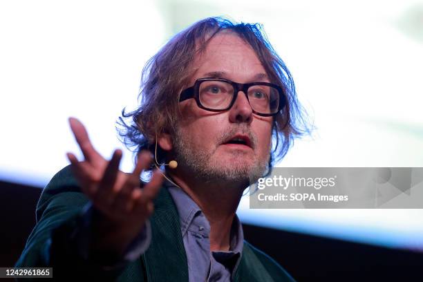 Jarvis Cocker speaks during day 4 of the 'Hay Festival Queretaro' at Teatro de la Ciudad. The Hay Festival Querétaro is a cultural and ideas festival...