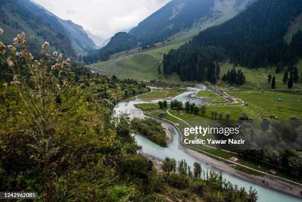 Stream gushes through the Betaab valley on September 4, 2022 in Betaab Valley 112 Km south Srinagar, Indian administered Kashmir, India. Pahalgam or...