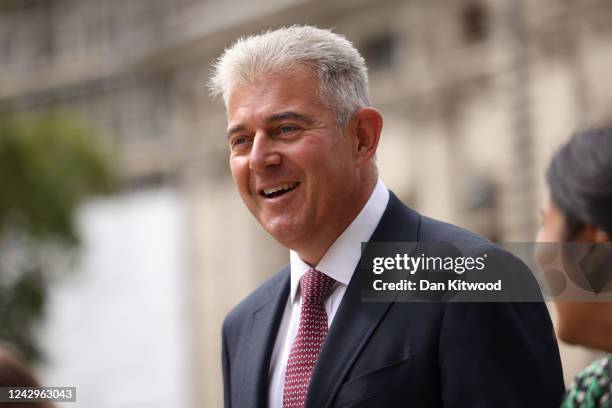 Brandon Lewis, the Secretary of State for Northern Ireland, arrives at CCHQ ahead of Prime Minister announcement on September 5, 2022 in London,...