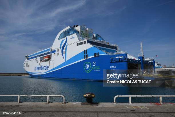 This photograph taken on September 5, 2022 shows the ferry Piana docked in Marseille harbour. - A "world first" hailed by an air monitoring...