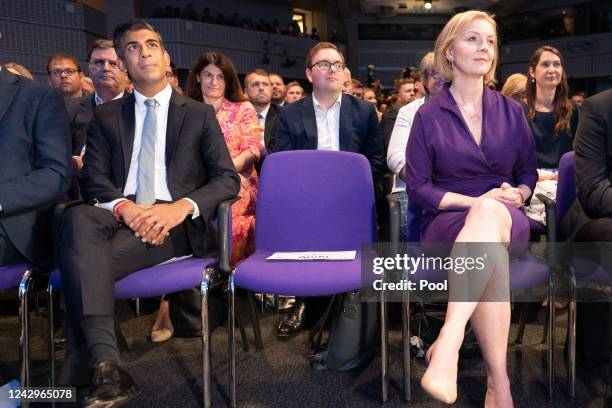 Tory leadership contenders Rishi Sunak and Liz Truss at the Queen Elizabeth II Centre in London as it was announced Liz Truss is the new Conservative...