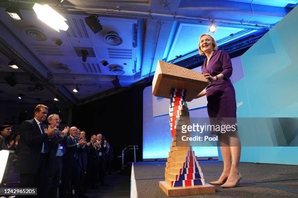 Foreign Secretary Liz Truss delivers an acceptance speech at the Queen Elizabeth II Conference Centre in Westminster after being announced the winner...