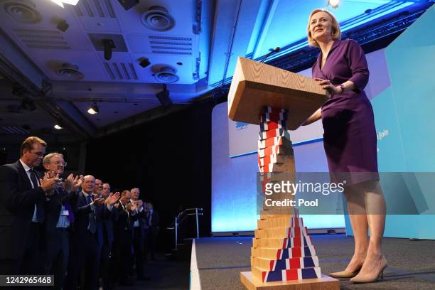 Foreign Secretary Liz Truss delivers an acceptance speech at the Queen Elizabeth II Conference Centre in Westminster after being announced the winner...