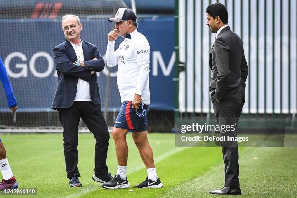 Christophe GALTIER of PSG, Luis CAMPOS of PSG and Nasser AL-KHELAIFI of PSG looks on ahead of their UEFA Champions League group H match against...