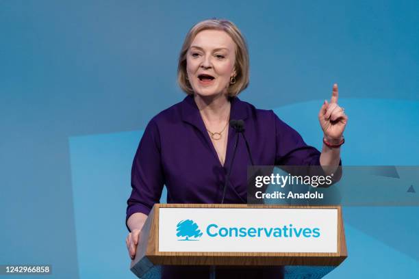 Foreign Secretary Liz Truss delivers an acceptance speech at the Queen Elizabeth II Conference Centre in Westminster after being announced the winner...