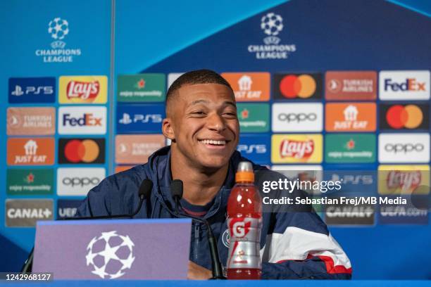 Kylian Mbappe of Paris Saint-Germain during the press conference ahead of their UEFA Champions League group H match against Juventus, at Camp des...