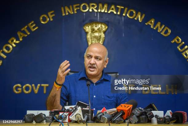 Manish Sisodia, Deputy Chief Minister of Delhi addresses a press conference at the Delhi Secretariat, on September 5, 2022 in New Delhi, India. The...