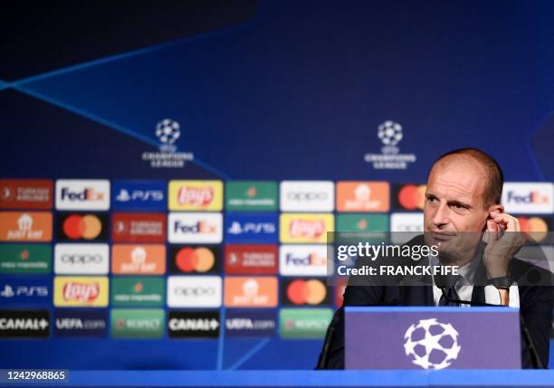 Juventus' Italian head coach Massimiliano Allegri addresses a press conference at the Parc des Princes stadium in Paris on September 5, 2022 on the...