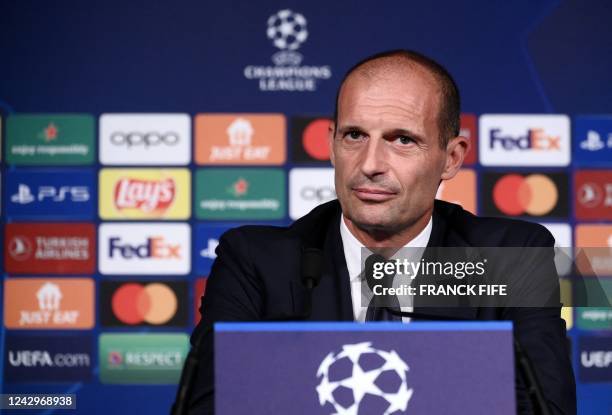 Juventus' Italian head coach Massimiliano Allegri addresses a press conference at the Parc des Princes stadium in Paris on September 5, 2022 on the...