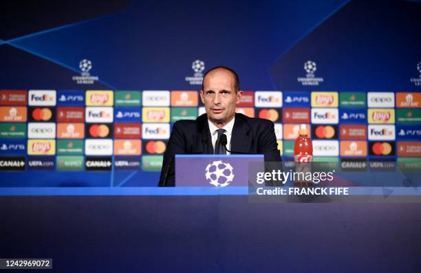 Juventus' Italian head coach Massimiliano Allegri addresses a press conference at the Parc des Princes stadium in Paris on September 5, 2022 on the...