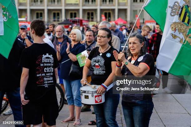 Supporters of the right-wing party "Freie Sachsen" gather in the city center to demand measures from government to alleviate the impact of high food...