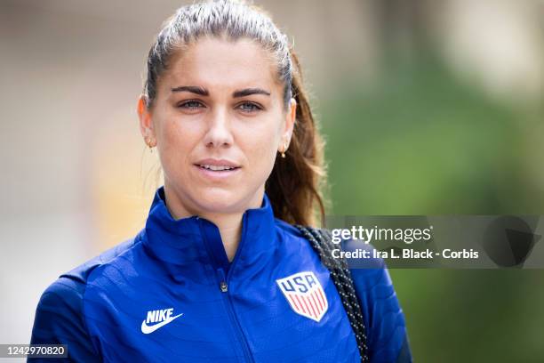 Alex Morgan of the United States arrives for a training session before their match against Nigeria at Reeves Field at American University on...
