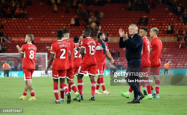 Middlesbrough manager Chris Wilder applauds the fans at the end of the game during the Sky Bet Championship match between Middlesbrough and...